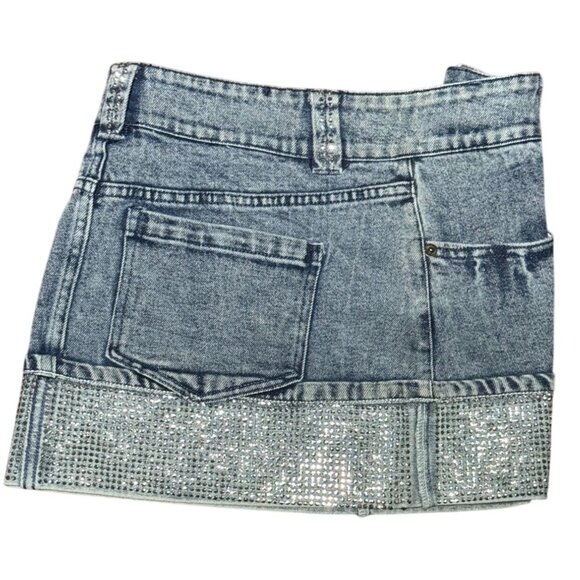 NEW Y2k Edge Womens M Denim Mini Skirt Rhinestone Trim Sparkle Bling Club party - Picture 4 of 10